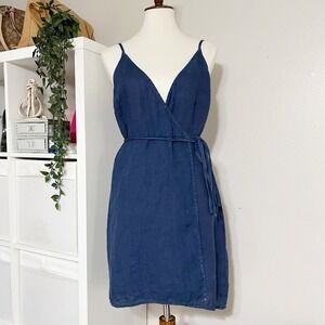 Cloth & Stone Women's Blue Sleeveless Wrap 100% Linen Dress Size Small